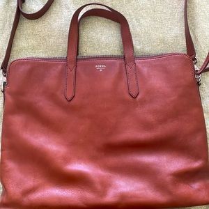 Fossil Sydney Tan Leather Briefcase with adjustable detachable shoulder strap